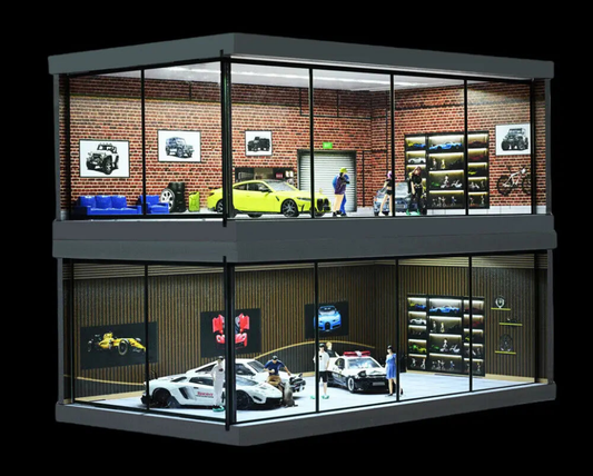 1:43 Car Diorama mit LED-Beleuchtung – Garage & Showroom Szene mit Acryl-Tür