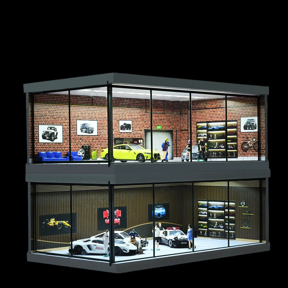 1:43 Car Diorama mit LED-Beleuchtung – Garage & Showroom Szene mit Acryl-Tür