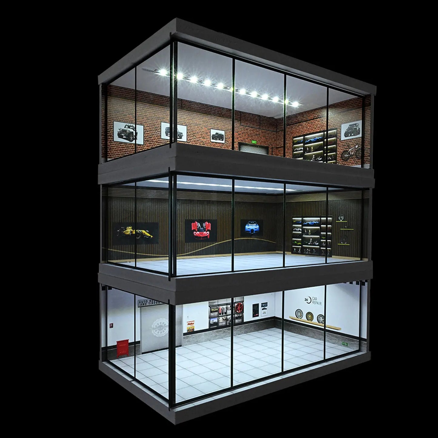 1:43 Car Diorama mit LED-Beleuchtung – Garage & Showroom Szene mit Acryl-Tür