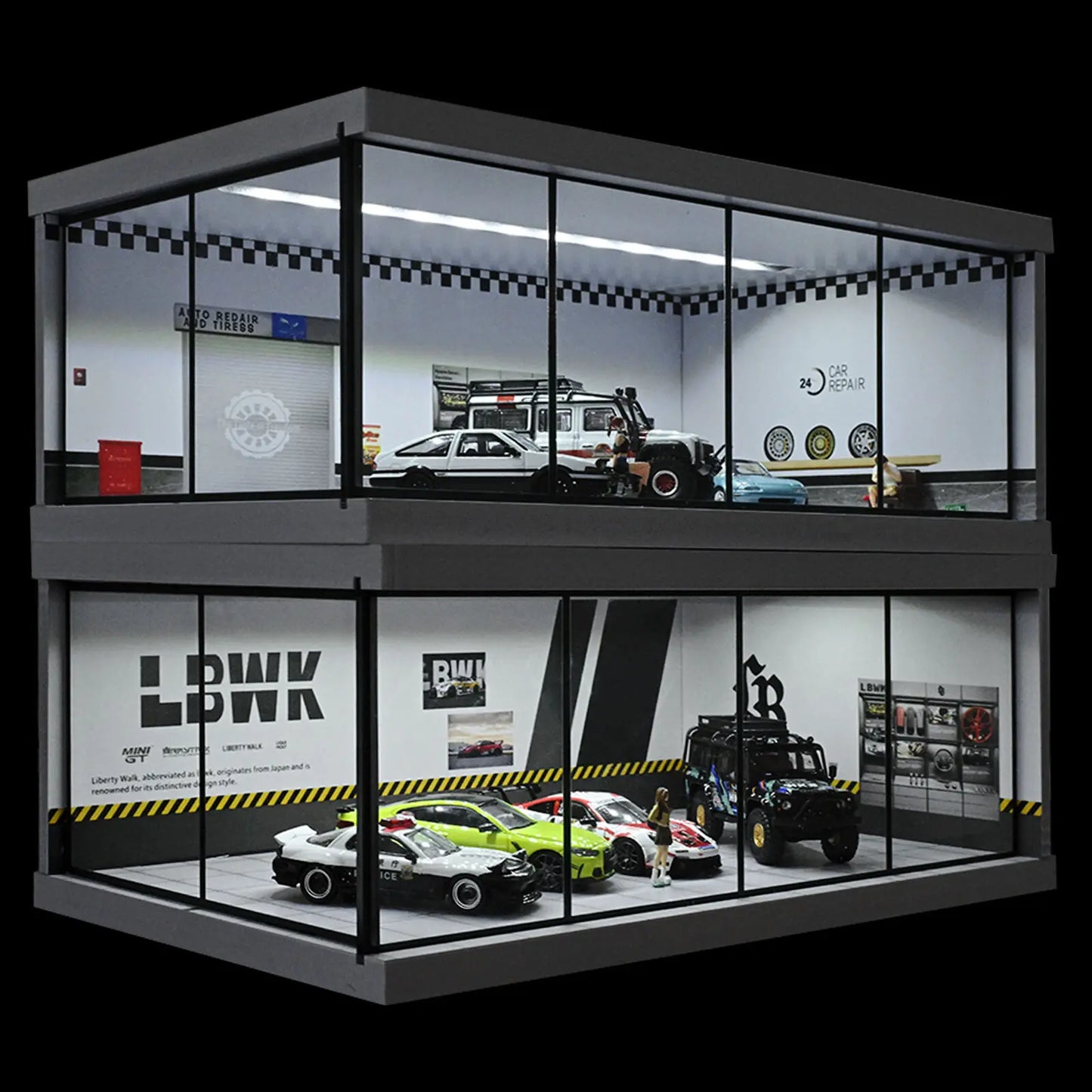 1:43 Car Diorama mit LED-Beleuchtung – Garage & Showroom Szene mit Acryl-Tür